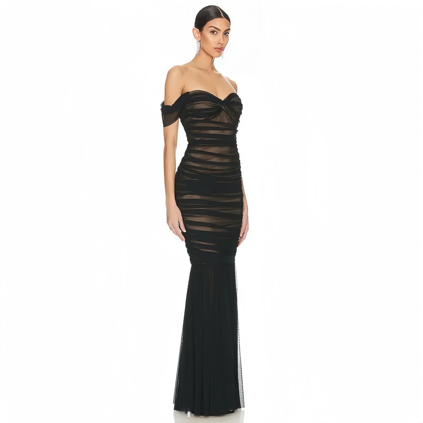 Black Sheer Mesh Pleated Women Maxi Dress Off the Shoulder Sweetheart Neck Bodycon Mermaid Long Party Vestido Little Addiction