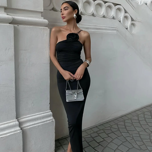 Xeemilo Elegant Sleeveless Slim Black Dress Aesthetic Oblique Strap Backless Prom Dresses French Retro Evening Party Skinny Robe Little Addiction