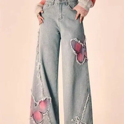 Boho Butterfly Embroidered Wide-Leg Jeans - Little Addiction