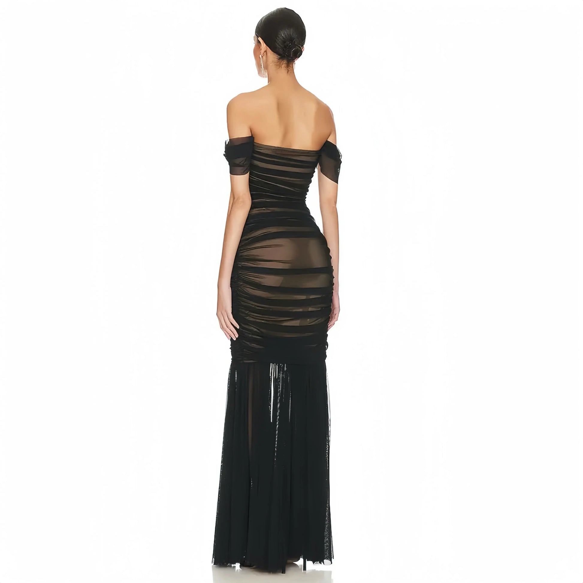 Black Sheer Mesh Pleated Women Maxi Dress Off the Shoulder Sweetheart Neck Bodycon Mermaid Long Party Vestido Little Addiction