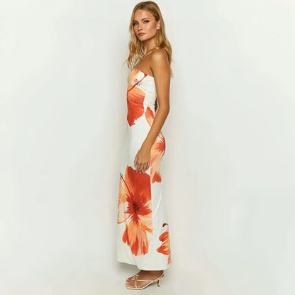 CUTENOVA Women's 2024 New Flower Printed Tubeless Dress Casual Vacation Off Shoulder Slim Beach Floor Length Long Dress Little Addiction