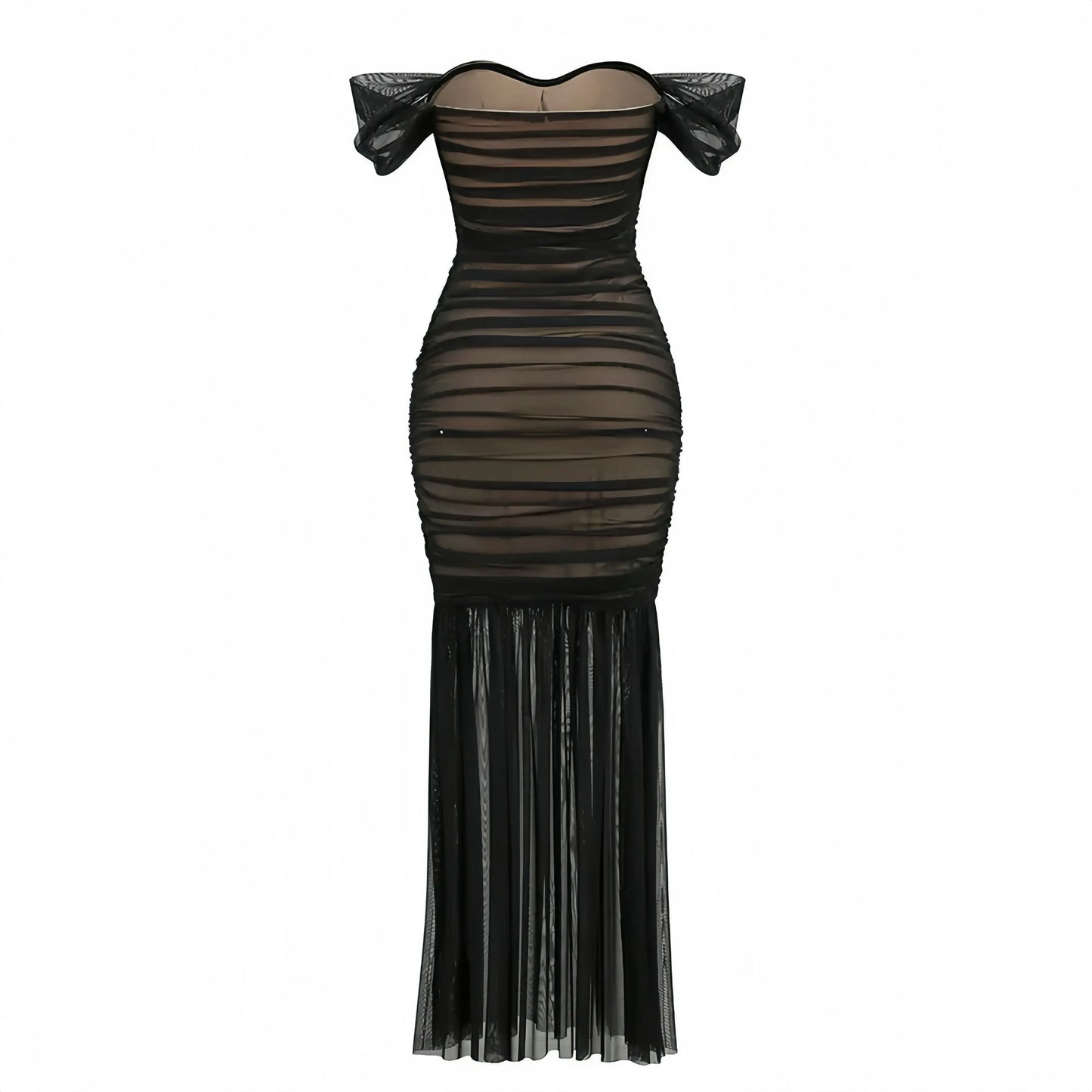 Black Sheer Mesh Pleated Women Maxi Dress Off the Shoulder Sweetheart Neck Bodycon Mermaid Long Party Vestido Little Addiction