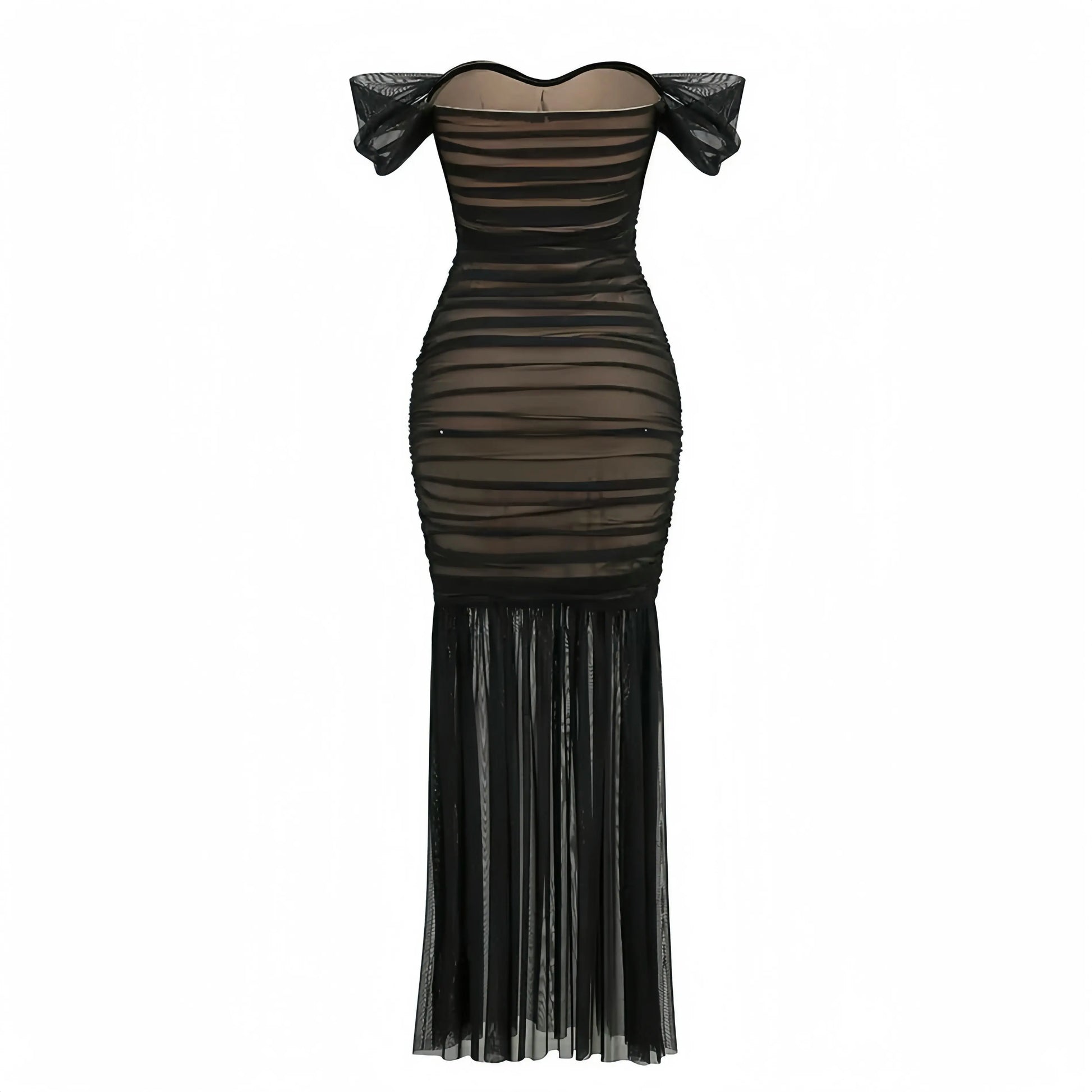 Black Sheer Mesh Pleated Women Maxi Dress Off the Shoulder Sweetheart Neck Bodycon Mermaid Long Party Vestido Little Addiction