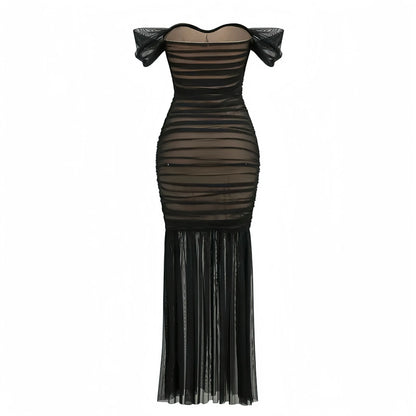 Black Sheer Mesh Pleated Women Maxi Dress Off the Shoulder Sweetheart Neck Bodycon Mermaid Long Party Vestido Little Addiction