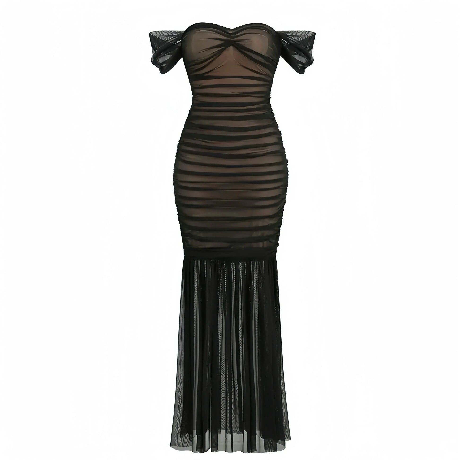 Black Sheer Mesh Pleated Women Maxi Dress Off the Shoulder Sweetheart Neck Bodycon Mermaid Long Party Vestido Little Addiction