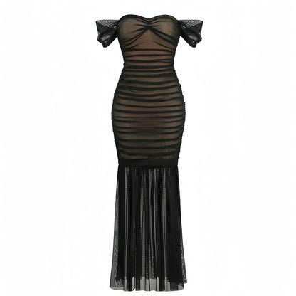 Black Sheer Mesh Pleated Women Maxi Dress Off the Shoulder Sweetheart Neck Bodycon Mermaid Long Party Vestido Little Addiction