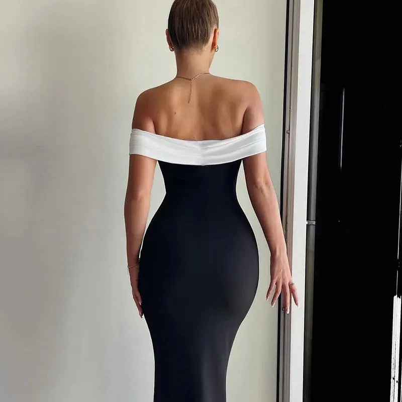Summer and Autumn Sexy Club Slash Neck Backless Patchwork Women Elegant Long Sleeve  Midi bodycon Party Dresses YY24043DGO Little Addiction