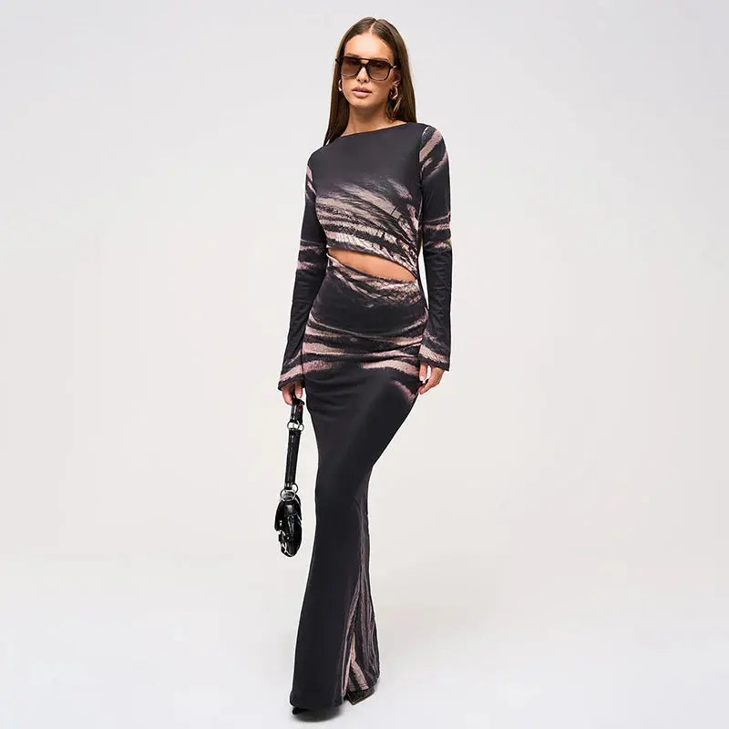 Twill Printed Hollow Waist Dress Little Addiction