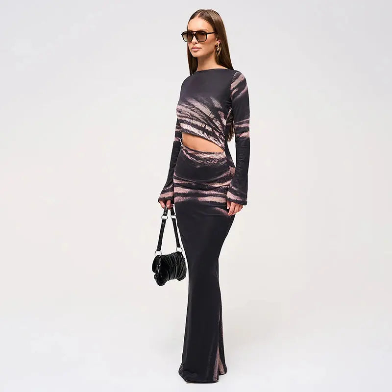 Twill Printed Hollow Waist Dress Little Addiction