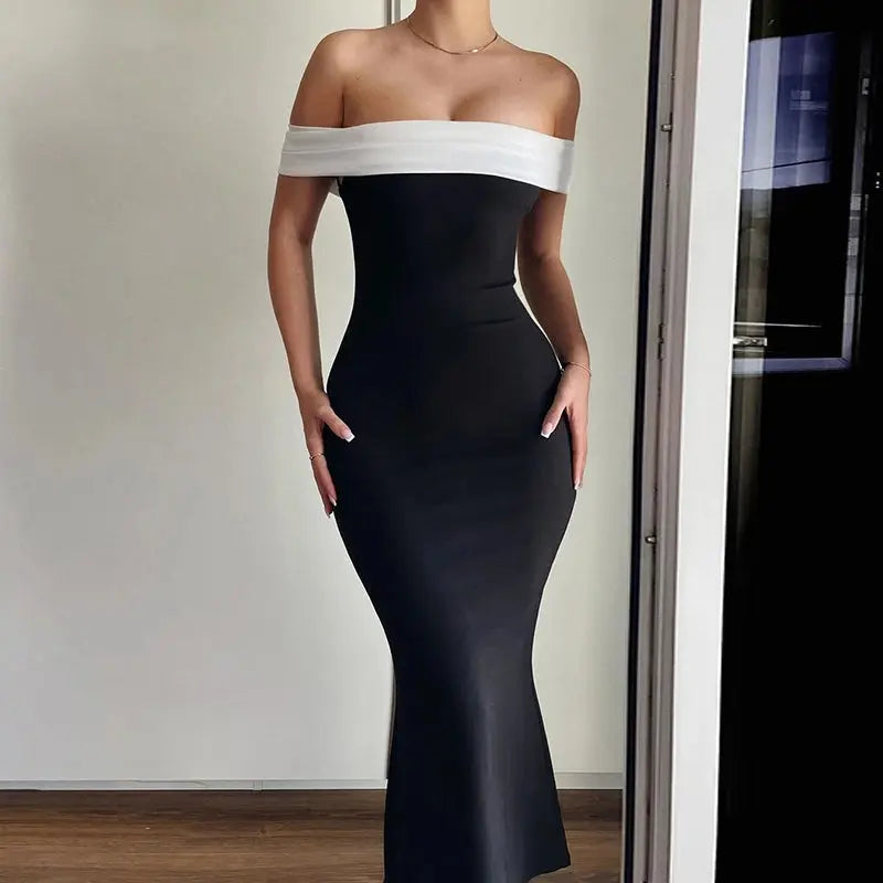Summer and Autumn Sexy Club Slash Neck Backless Patchwork Women Elegant Long Sleeve  Midi bodycon Party Dresses YY24043DGO Little Addiction