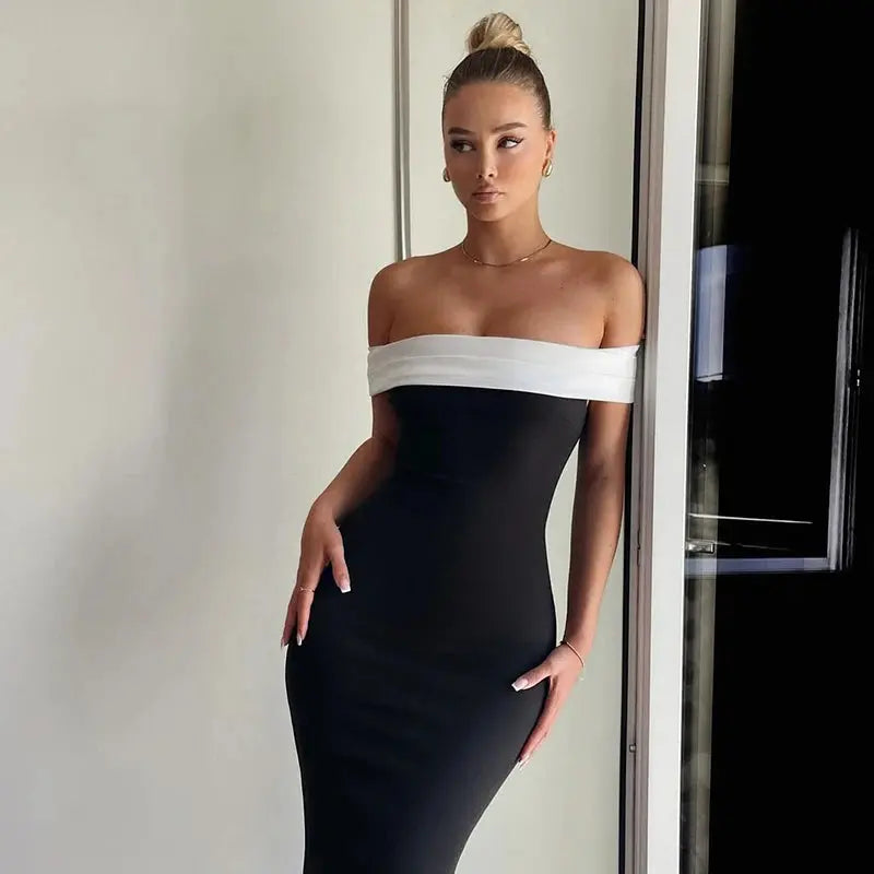 Summer and Autumn Sexy Club Slash Neck Backless Patchwork Women Elegant Long Sleeve  Midi bodycon Party Dresses YY24043DGO Little Addiction