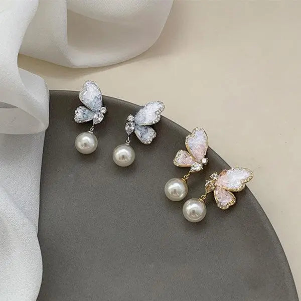 Gradient Butterfly Pearl Earrings With Rhinestones Luxury Personalized Earrings For Women Jewelry - Little Addiction